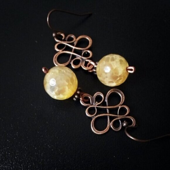 Chunky Yellow DragonVein Agate & Copper Filigree Earrings! Big + Bold + Spicy! - Picture 6 of 7